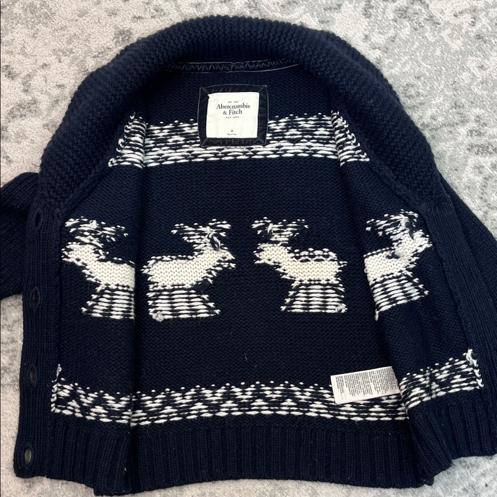 ABERCROMBIE & FITCH FAIR ISLE KNIT CARDIGAN MOOSE WOOL BLEND VELVET NAVY SZ MED - Picture 15 of 15